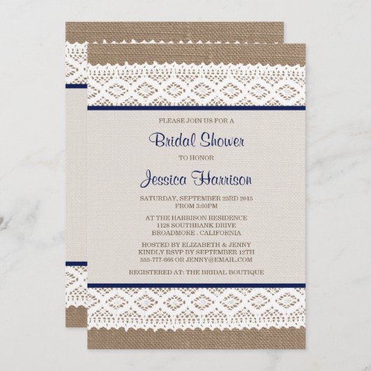 バーラップ&素朴ヴィンテージホワイトレースブライダルシャワー 招待状 (正面/裏面)