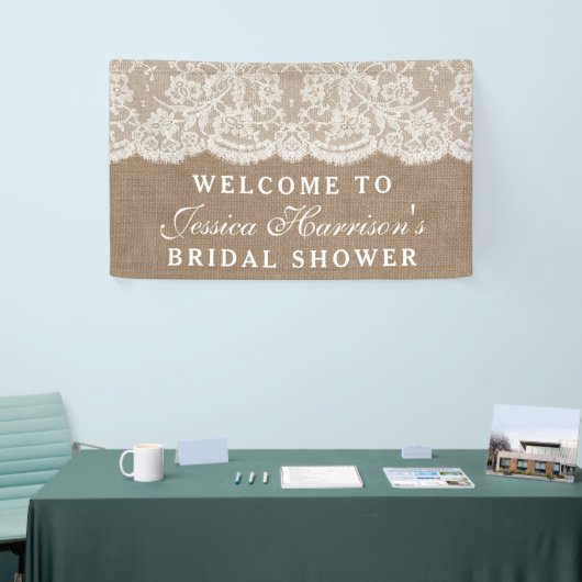 バーラップ&素朴ヴィンテージホワイトレースブライダルシャワー 横断幕 (トレードショー)