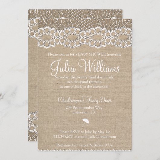 バーラップ&素朴ヴィンテージレースベビーシャワー招待状 招待状 (正面/裏面)