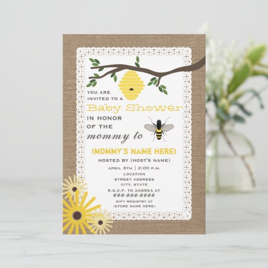 バーラッ刺激を受けたプ·ハニーをテーマにしたベビーシャワー 招待状 (スタンド正面)