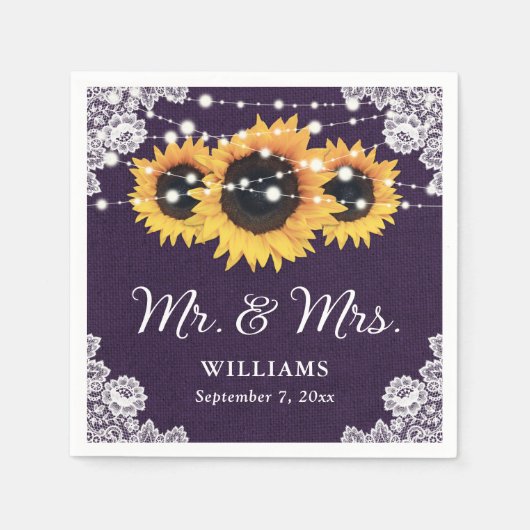 バーラッ素朴プのレースひまわりパープル結婚ズ スタンダードカクテルナプキン (正面)
