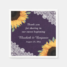 バーラッ素朴プ・レースひまわり花とパープル結婚ズ スタンダードカクテルナプキン