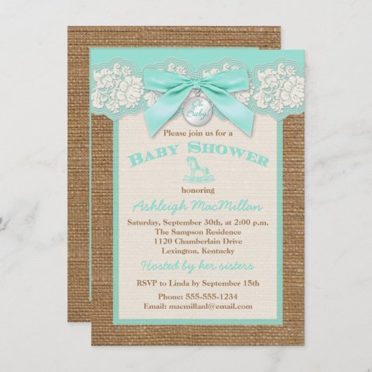 バーラフェイクップアイボリーレース、アクアベビーシャワー招待状 招待状 (正面/裏面)