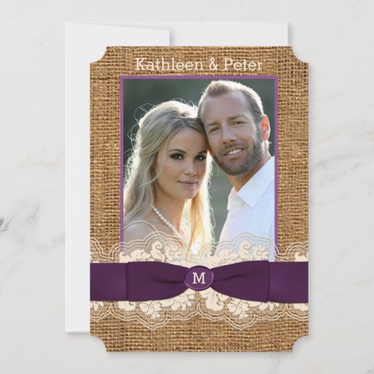 バーラフェイクップレースボウフォトウェディング招待、紫 招待状 (正面)