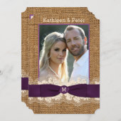 バーラフェイクップレースボウフォトウェディング招待、紫 招待状 (正面/裏面)