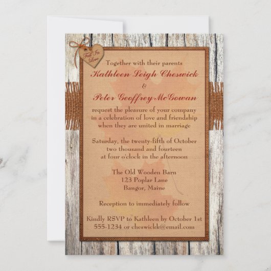 バーラフェイクップ、木材、葉ハートウェディング招待 招待状 (裏面)