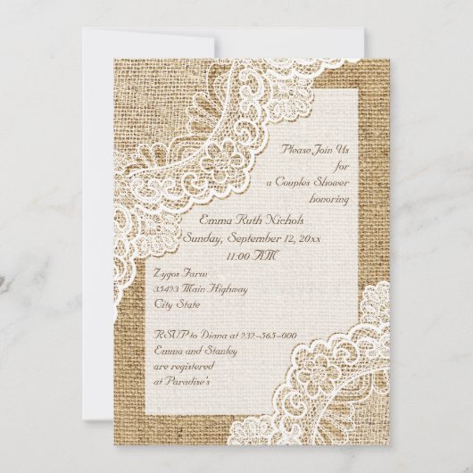 バーラ素朴ップのカップルがシャワーを浴結婚びるホワイトレース 招待状 (正面)