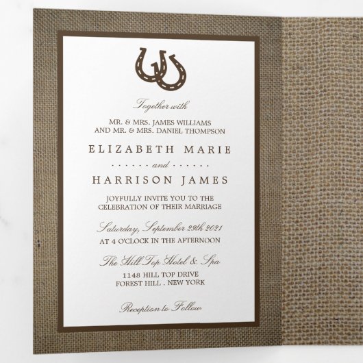 バーラ素朴ップの国の馬結婚蹄形 三つ折り招待状 (内部最初)