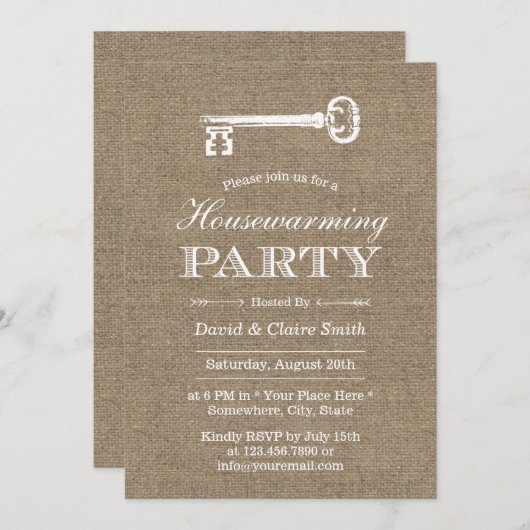 バーラ素朴ップアンティーク鍵引っ越し祝いパーティーパーティー 招待状 (正面/裏面)
