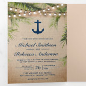 バーラ素朴ップトロピカルパームいかり結婚ライトズ 三つ折り招待状 (内部最初)