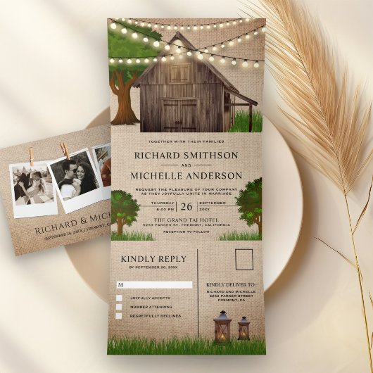 バーラ素朴ップファームウッドバーンストリングラ結婚イツズ 三つ折り招待状