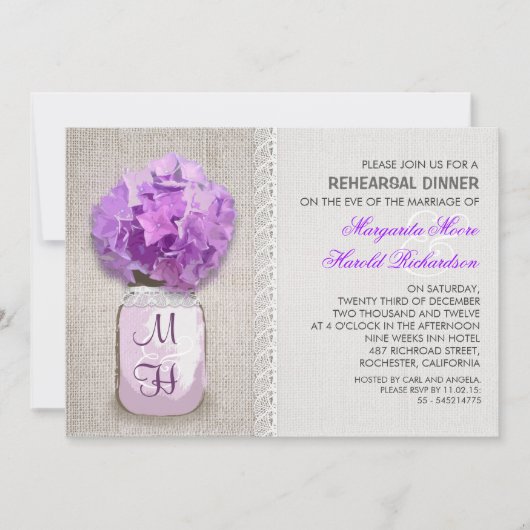 バーラ素朴ップメイソンジャーパープルリハーサルディナー 招待状 (正面)