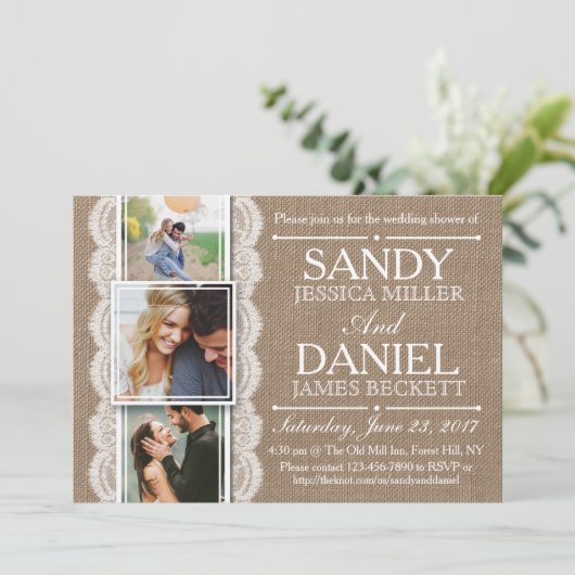 バーラ素朴ップ&レース3カスタムフォトウェディングシャワー 招待状 (スタンド正面)