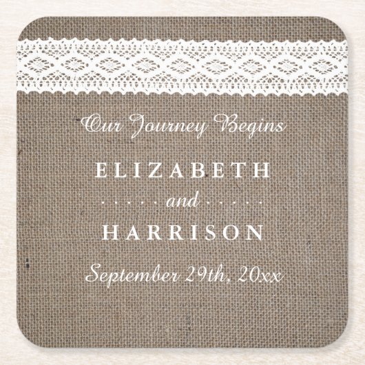 バーラ素朴ップ&ヴィンテージホワイトレース結婚ズ スクエアペーパーコースター (正面)