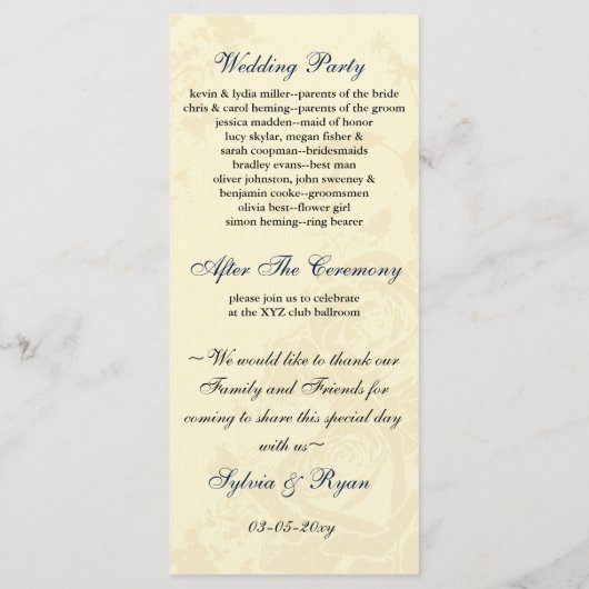 バーラ、ネイビーブルーバラメイソンjarウェディングプログラム プログラム (裏面)