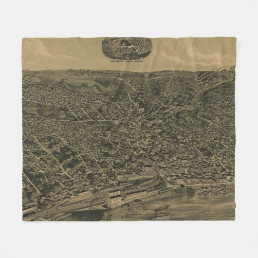 バーリントンアイオワ(1889年)のヴィンテージの絵解き地図 フリースブランケット (正面(横))