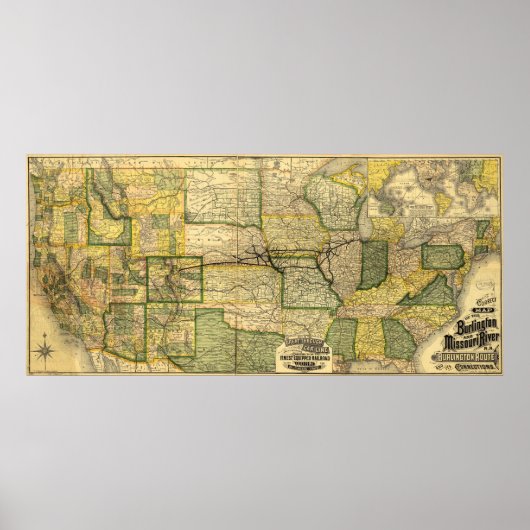 バーリントン&ミズーリ川鉄道の地図(1882) ポスター (正面)