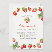 バーリーの1歳の誕生日イチゴ 招待状 (正面)