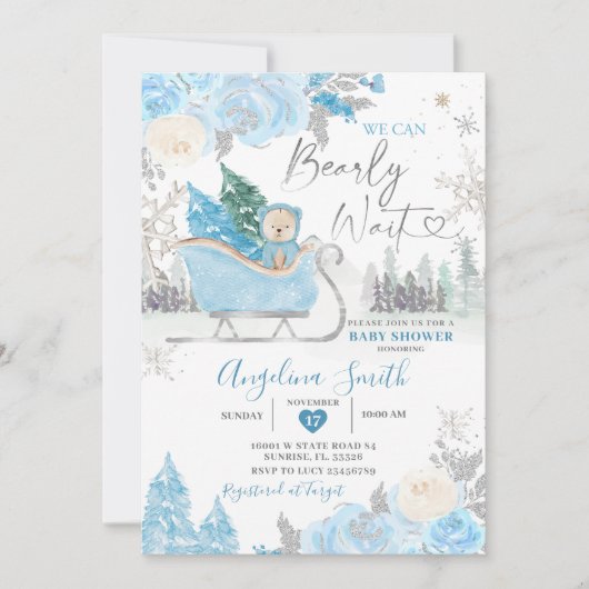 バーリーウェイブルースノーフレークフローラベビーシャワー 招待状 (正面)