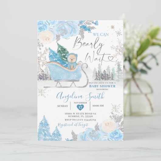 バーリーウェイブルースノーフレークフローラベビーシャワー 招待状 (スタンド正面)