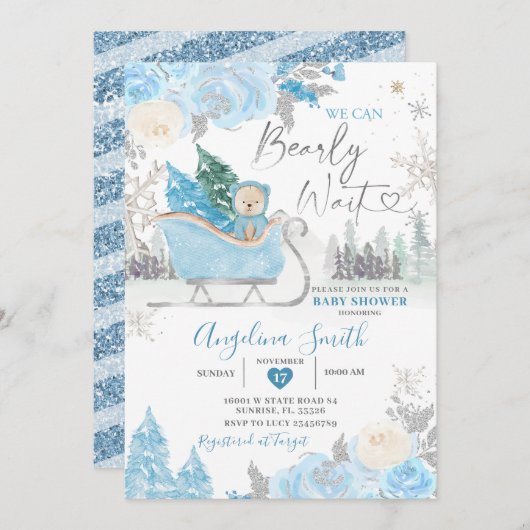 バーリーウェイブルースノーフレークフローラベビーシャワー 招待状 (正面/裏面)