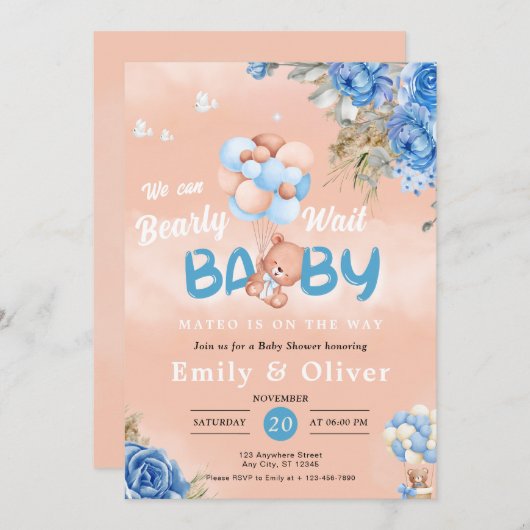 バーリーウェイブルーテディベアーベビーシャワー招待状 招待状 (正面/裏面)