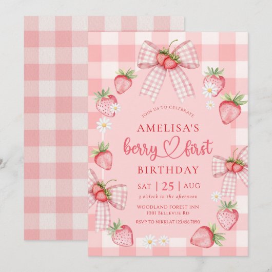 バーリー ファースト キュート 1歳の誕生日 イチゴ 招待状 (正面/裏面)
