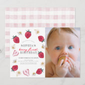バーリー ファースト ストロベリー フラワル 1歳 誕生日 フォト 招待状 (正面/裏面)