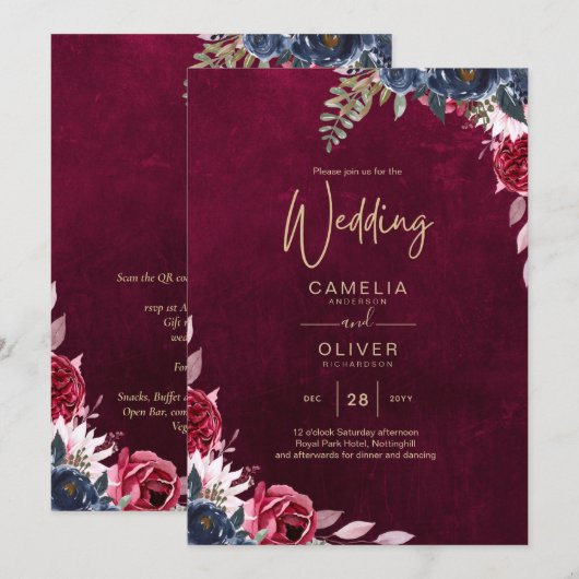 バーリー ワイン フローラル ウェディング 招待状 (正面/裏面)