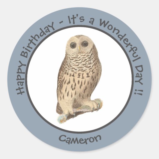 バーレッドフクロウ – 誕生日またはその他のパーティーをテーマにしたイベント ラウンドシール (正面)