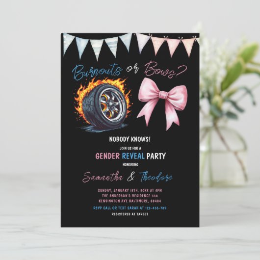 バーンアウトまたはボーイング女の子または男の子のジェンダーを明らかにするパーティー 招待状 (スタンド正面)