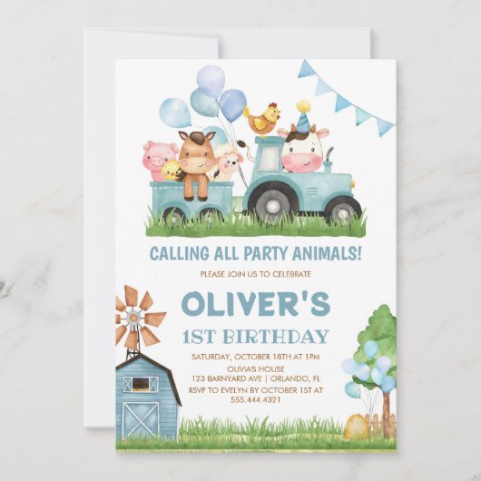 バーンアニマルズ,納屋周囲の庭,ランチボーイズ1st誕生日 招待状 (正面)