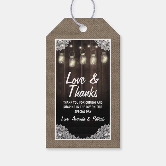 バーンウッドとレースメイソン結婚ジャーありがとう ギフトタグ (正面)