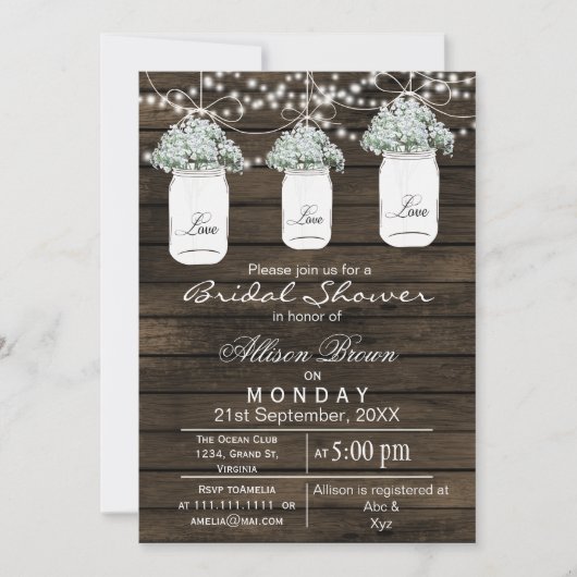 バーンウッドのバビーズブレスメイソンのジャーブライダルシャワー 招待状 (正面)