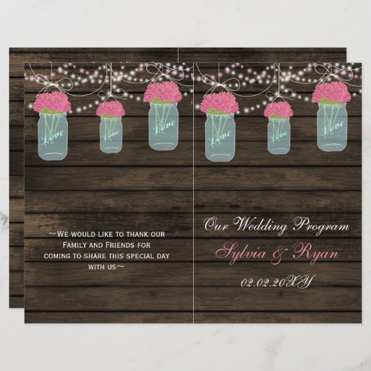 バーンウッドのメイソンの瓶、ピンクの花のプログラムを折った (正面/裏面)