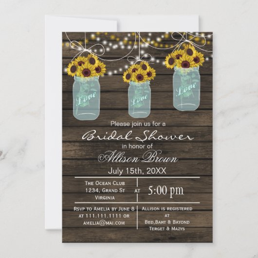 バーンウッドひまわりメイソンの瓶ラスティックブライダルシャワー 招待状 (正面)