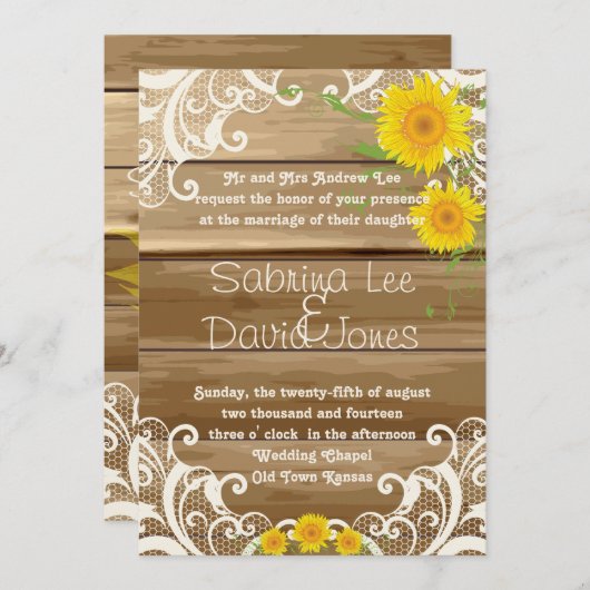 バーンウッドサンフラワーズアンドヴィンテージレース結婚ズ 招待状 (正面/裏面)