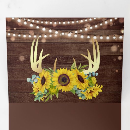 バーンウッドサンフラワーズフローラ金ゴールドアントラー結婚ズ 三つ折り招待状 (内部最初)