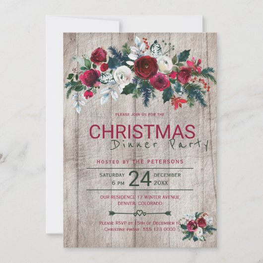 バーンウッドブルガンディーグリーンクリスマスディナーパーティー 招待状 (正面)
