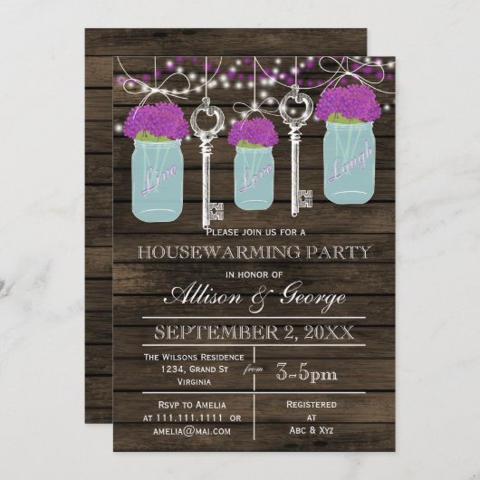 バーンウッドメイソンジャース鍵素朴な引っ越し祝いパーティー 招待状 (正面/裏面)