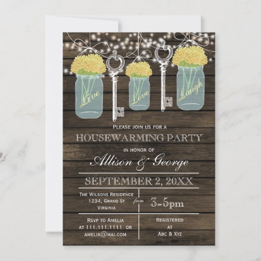 バーンウッドメイソンジャース鍵素朴な引っ越し祝いパーティー 招待状 (正面)