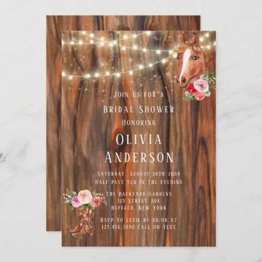 バーンウッドライツブーツホースブライダルシャワー 招待状 (正面/裏面)