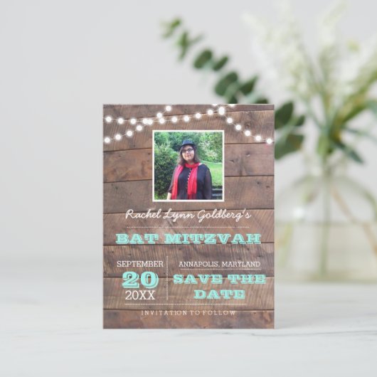 バーンウッドライトティール（緑がかった色）バルミツワー写真救日付 案内ポストカード (スタンド正面)