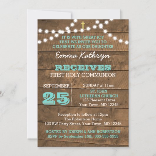 バーンウッドライトティール(緑がかった色)ファーストコミューン招待状 招待状 (正面)