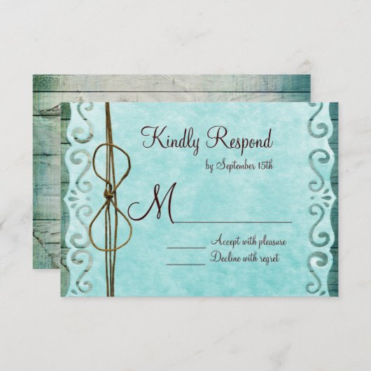 バーンウッドヴィンテージ紙ティール（緑がかった色）結婚式RSVPカード 出欠カード (正面/裏面)