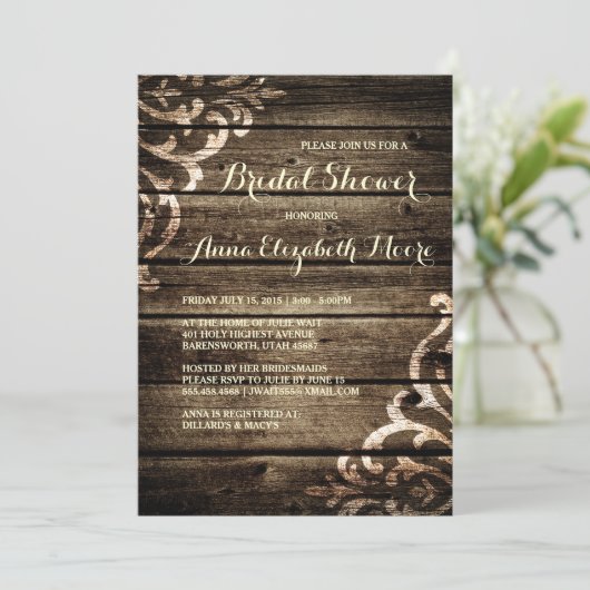 バーンウッド素朴ダマスクヴィンテージブライダルシャワー 招待状 (スタンド正面)