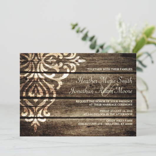 バーンウッド素朴ダマスヴィンテージウェディング招待状 招待状 (スタンド正面)