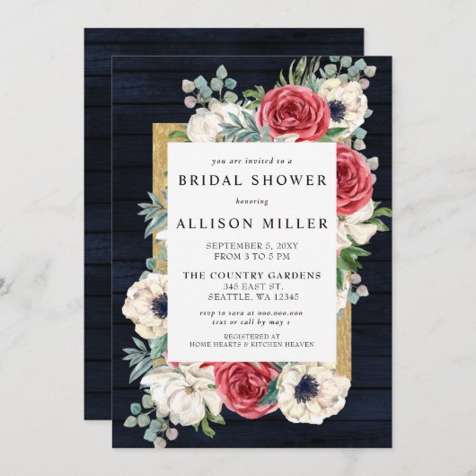 バーンウッド素朴ネイビーバーグンディ金ゴールドブライダルシャワー 招待状 (正面/裏面)