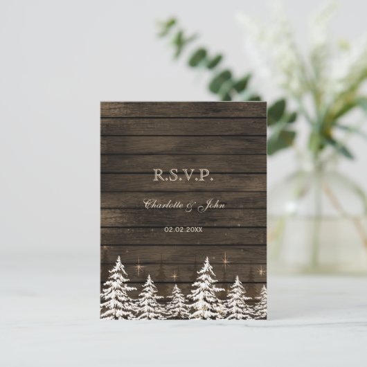 バーンウッド素朴パインの木々、冬の森の木の出窓 インビテーションポストカード (スタンド正面)