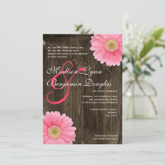 バーンウッド素朴ピンクデイジー結婚式招待状 招待状 (スタンド正面)